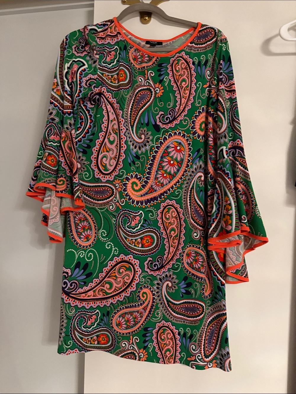 MSK Green Paisley Shift Dress with Coral Trim